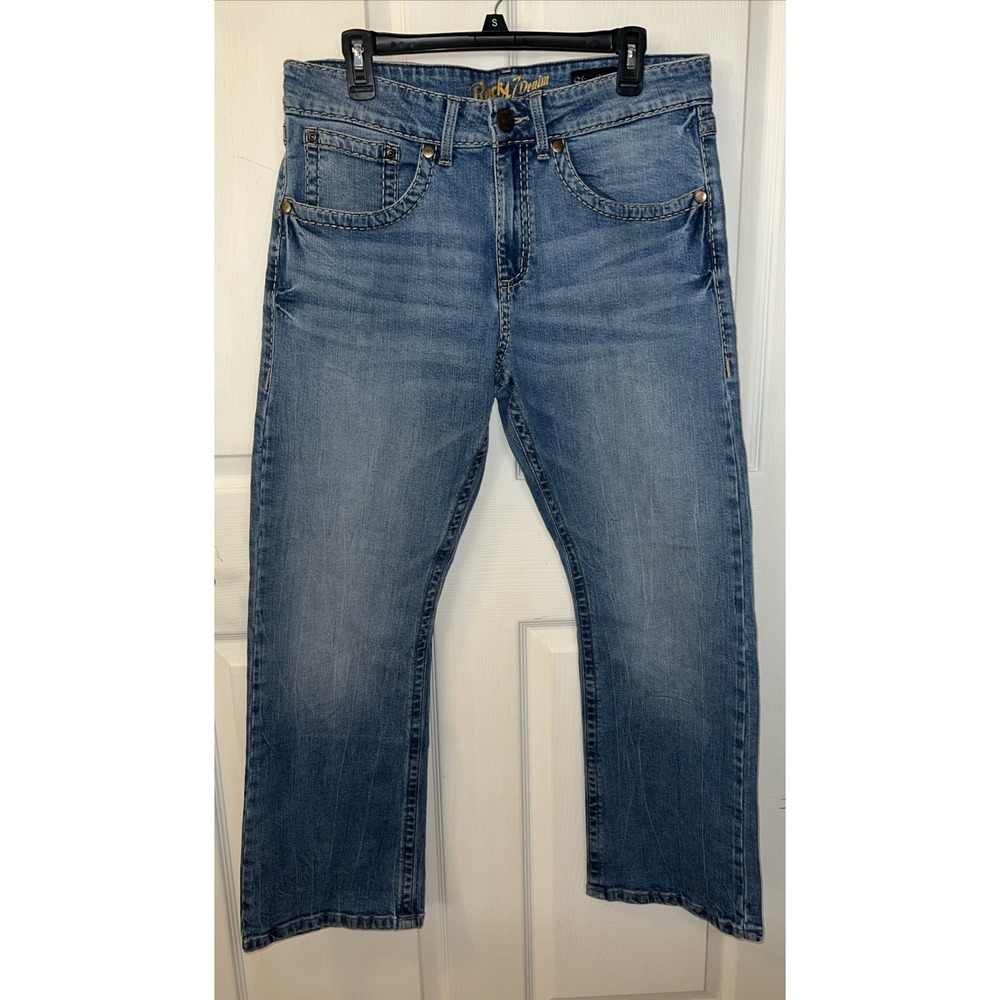 Rock 47 Denim Wrangler Jeans Mens 34x30 Blue Slim Boot Medium Wash Big Stitch